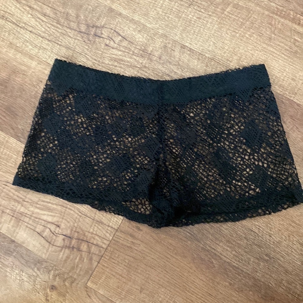 Black diamond pattern see through swimsuit coverup shorts. Stretchy. Medium.